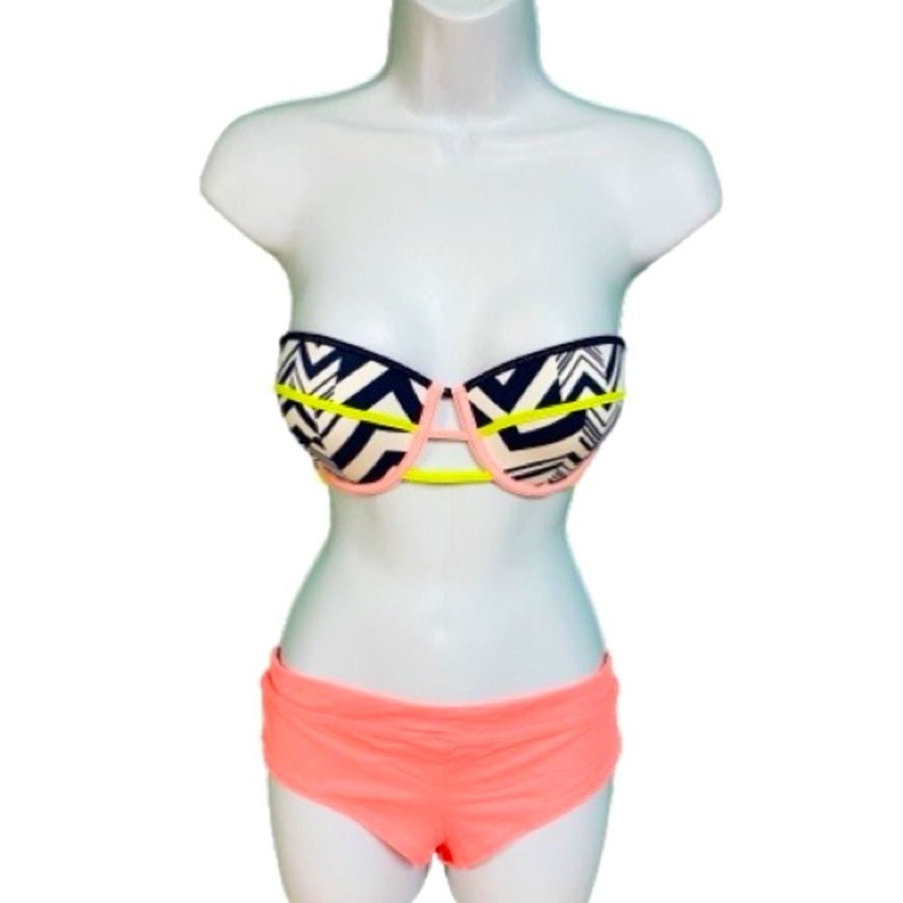 Victorias Secret Neon Chevron Print Strapless Cheeky Bottoms Bikini Set M/36C